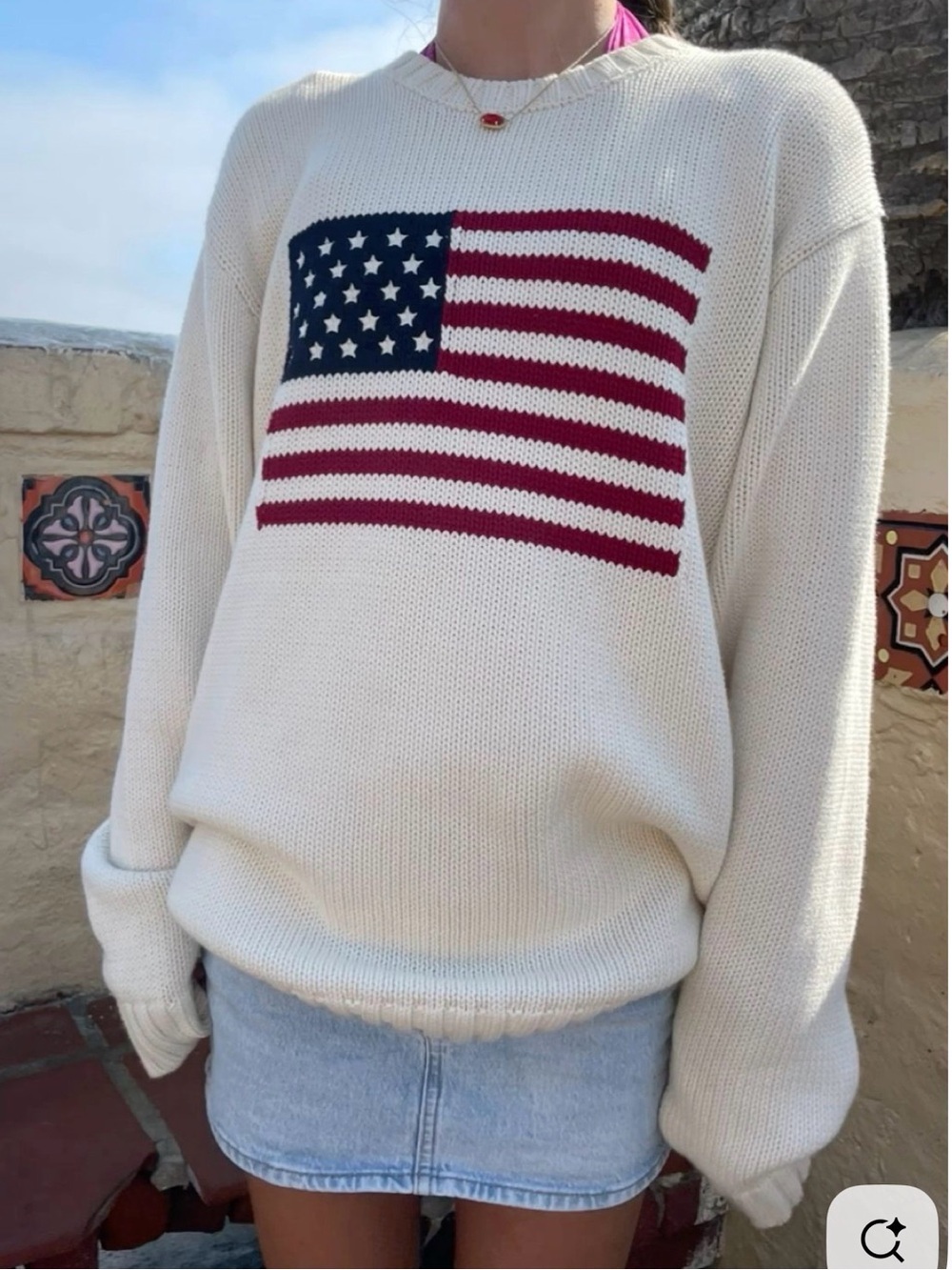 Brandy Melville Cream Crewneck American Flag Sweater